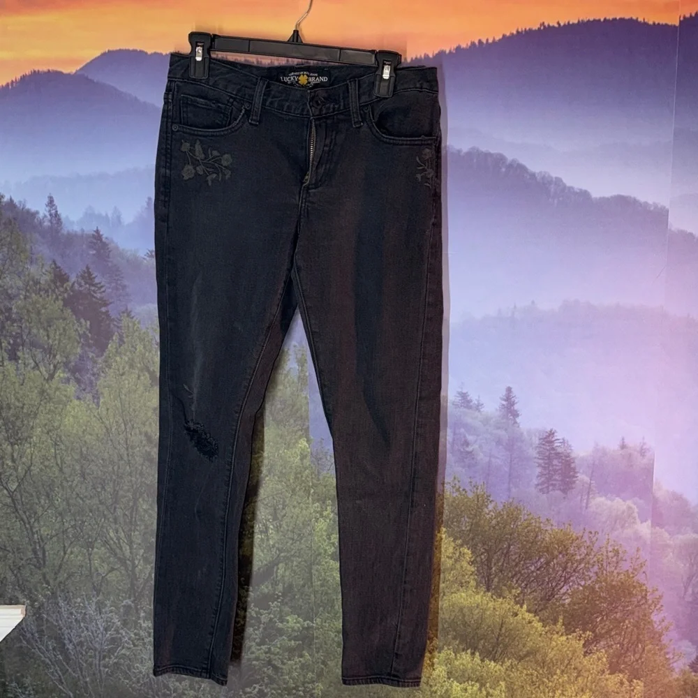 Lucky Brand Black Jeans with Floral Embroidery
